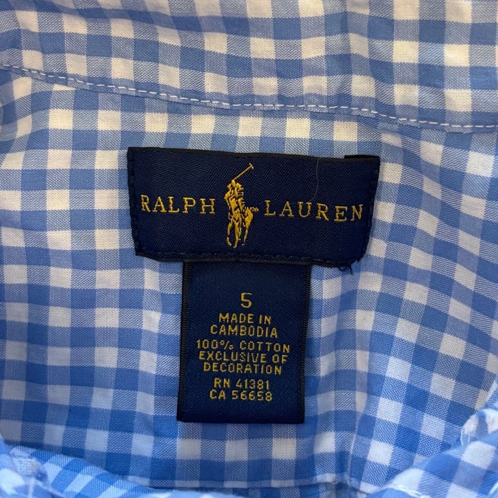 Ralph Lauren Kids Blue Gingham Cotton Button Down Shirt Size 5 Orange Pony